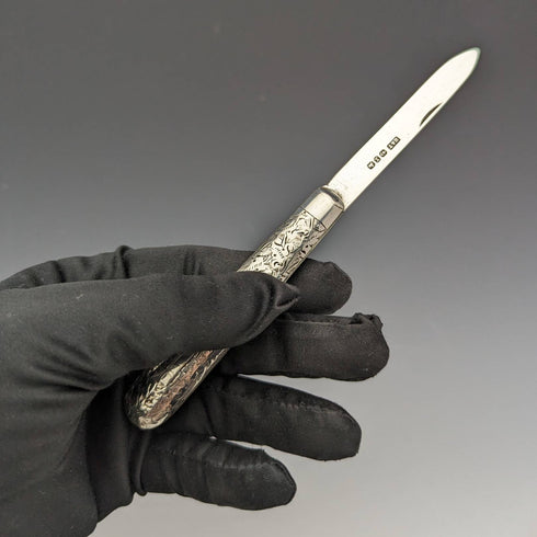 1897 British antique sterling silver folding pen knife Hilliard and Thomason with case